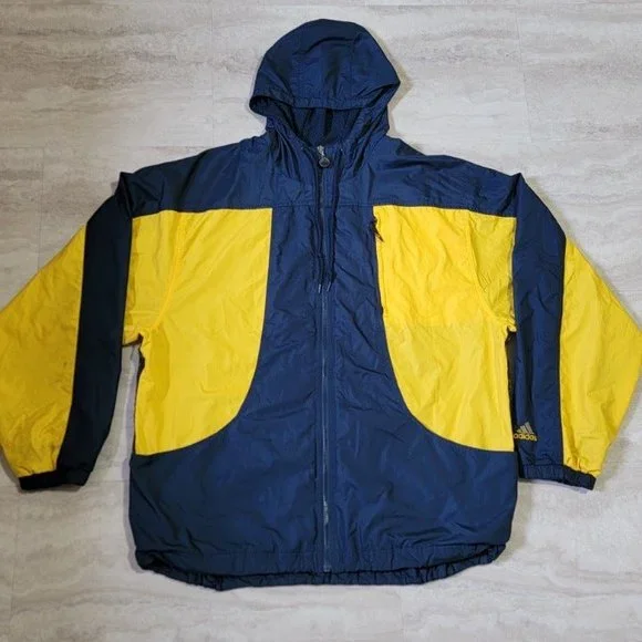 Vintage Adidas Full Zip Windbreaker Lightweight Navy Blue Yellow Jacket XL